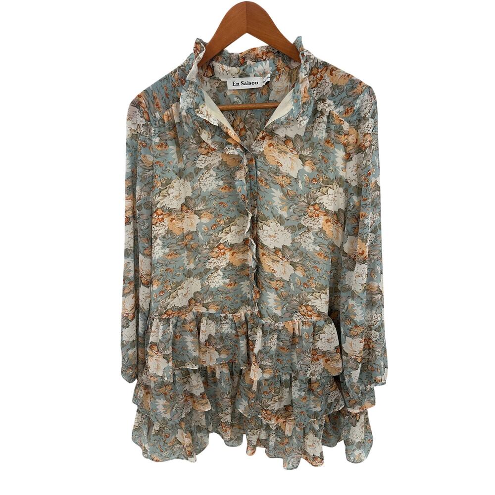 En Saison Long Sleeve Floral Ruffle Button Down Mini Dress // S